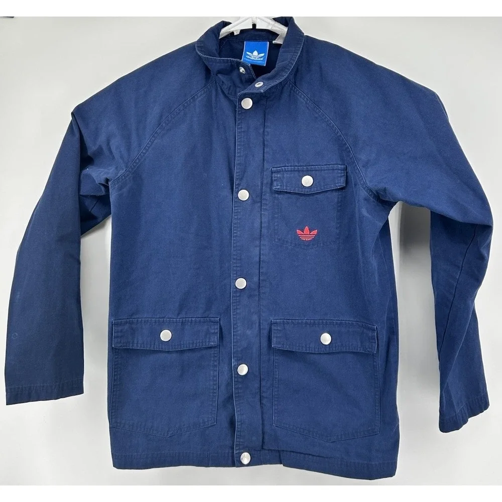 Vintage‎ Adidas Retro Workwear Style Snap Button Jacket Blue Red Logo Small